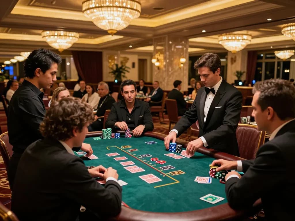 Kuwin1 players engaged in an intense game of blackjack at a luxurious casino.