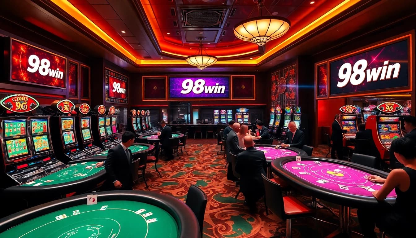 Exciting slot machines and poker tables at 98win casino, showcasing luxury gaming experience.