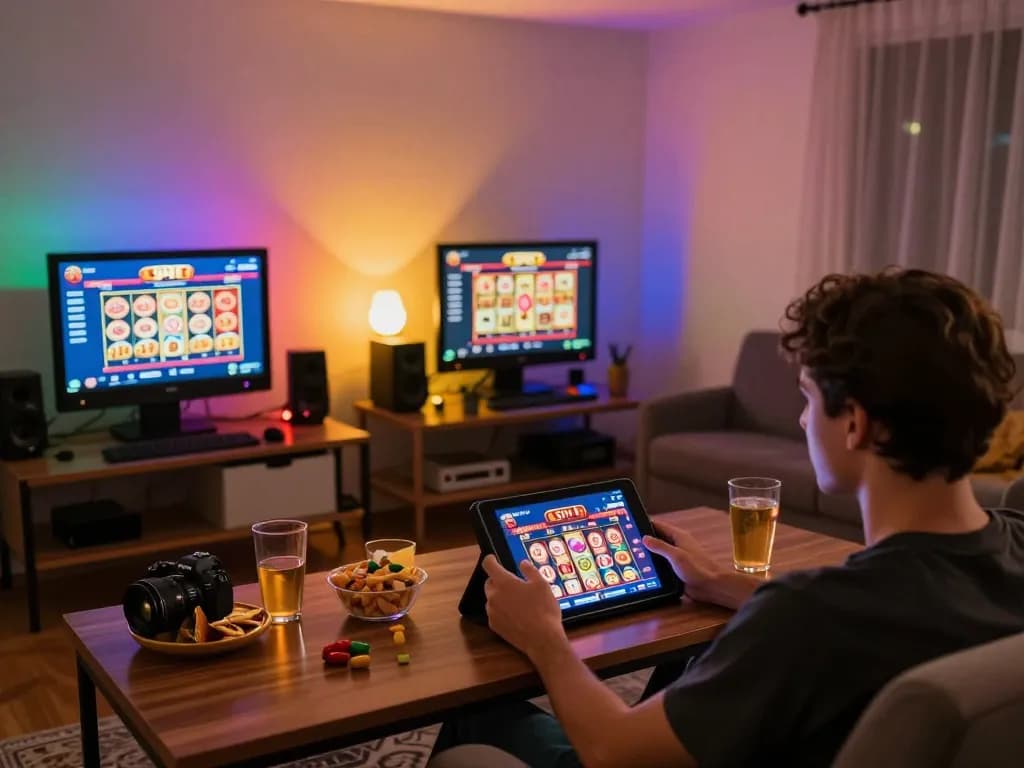 Player enjoying ph22 casino app on tablet with engaging slot game at home, cozy atmosphere.