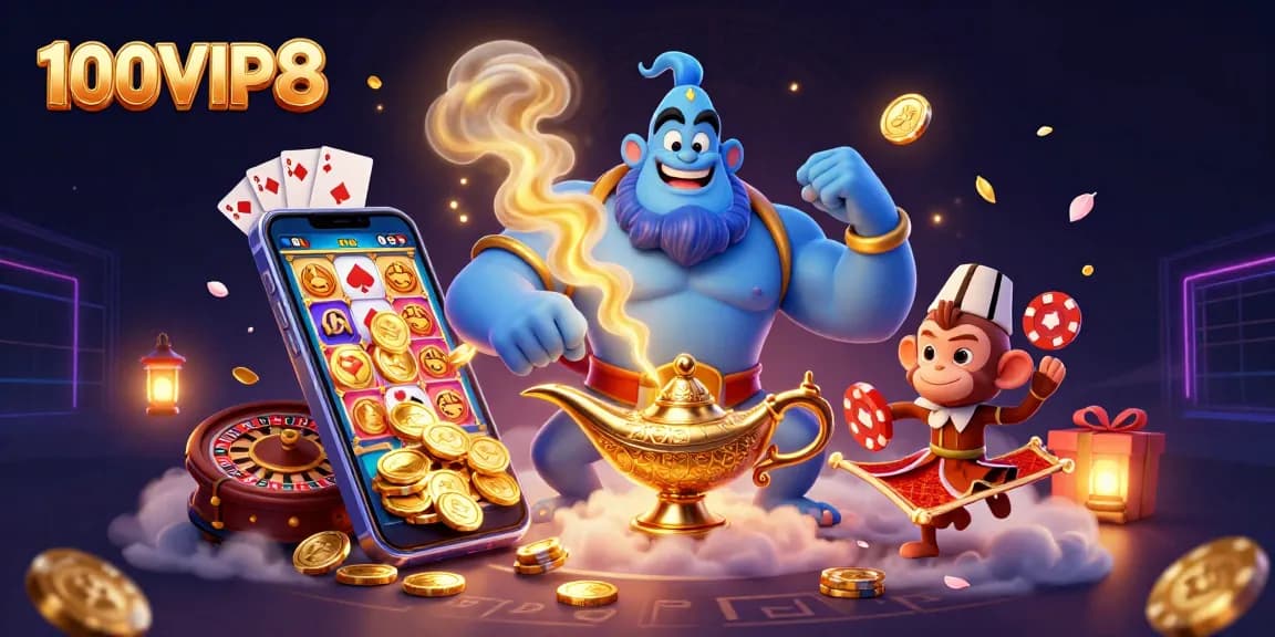 100VIPS8 captures the magic of online gambling with its exciting illustration of a genie, monkey, and poker chips.