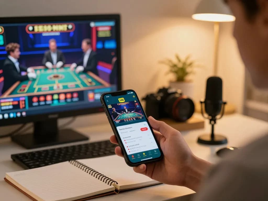 Engaged player using EE88 BET app on smartphone for live casino action in cozy home setting