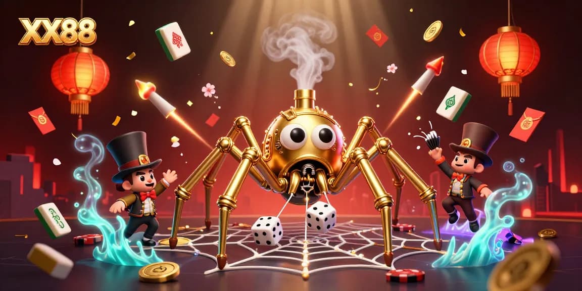 Engage in thrilling games at XX88 with lucky red envelopes and golden treasures floating in a dynamic casino scene.