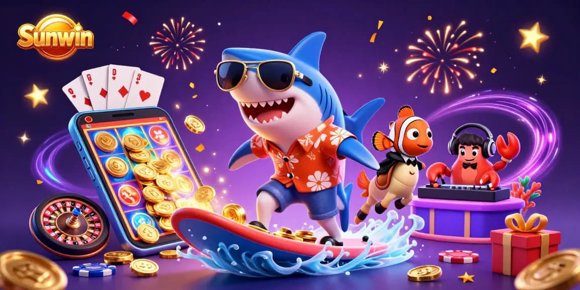 Sunwin engages players with a vibrant scene featuring characters gaming with slots and golden coins.