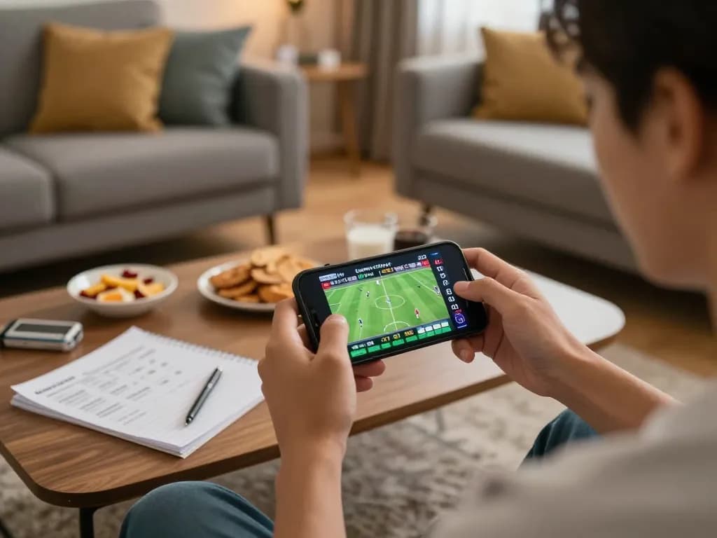 Engaging in cá cược bóng đá on a smartphone in a cozy living room setting with strategy notes