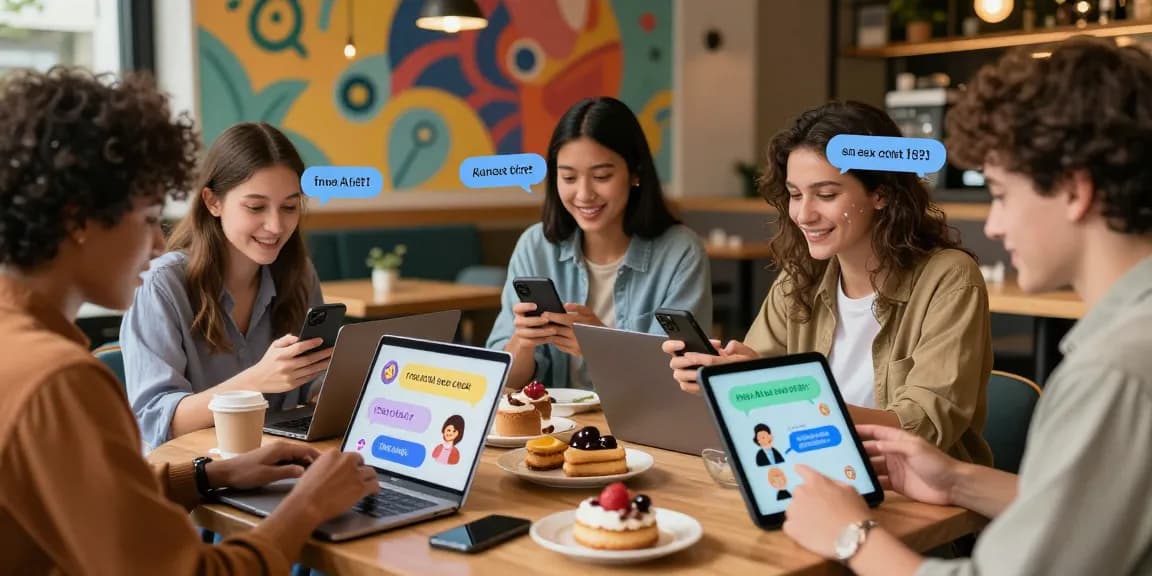 Friends interacting in a café, showcasing free AI sex chat on devices in a vibrant atmosphere.