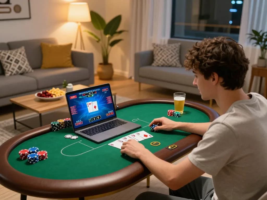 Online poker gameplay captured with a focus on Game bài đổi thưởng uy tín, showcasing player engagement and home comfort.