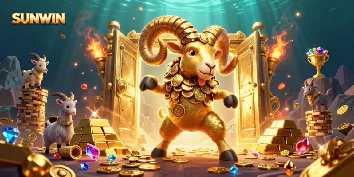 Engage with SUNWIN's thrilling online gaming experience featuring a golden ram charging toward a treasure vault.