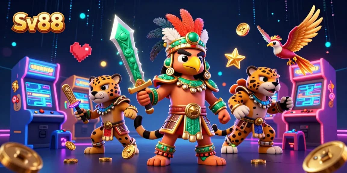 Engage in thrilling gameplay at Sv88, featuring 3D Aztec warriors and vibrant casino elements.