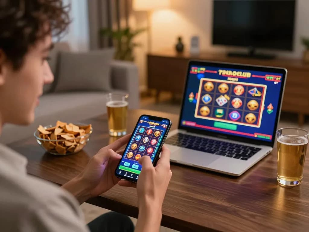 Player enjoying a mobile game on the 789club app with colorful slot symbols, cozy home atmosphere