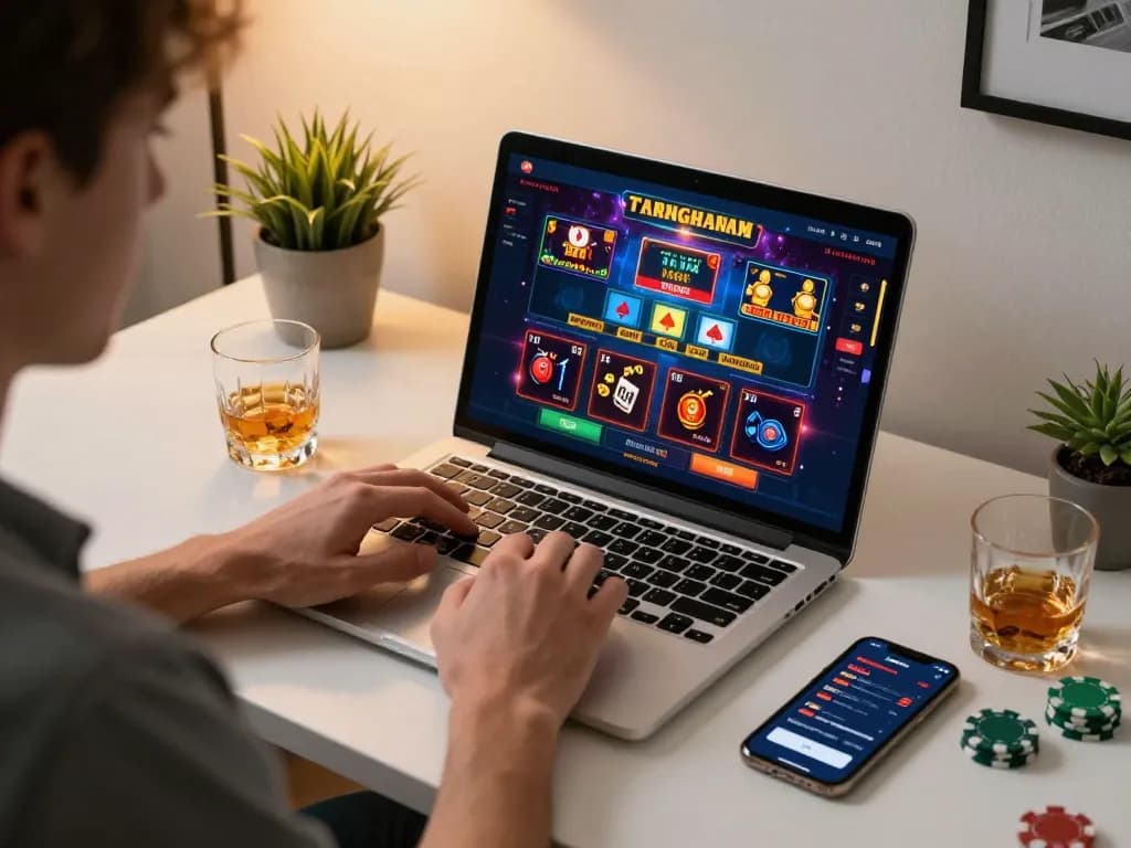 Player engaged in online casino betting on DA88 with smartphone and laptop displaying exciting game options.