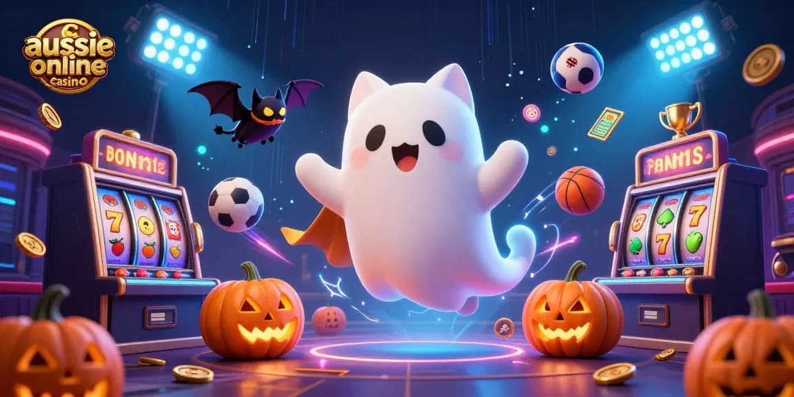 Aussie online casino themed illustration showcasing a ghost cat and vampire bat among vibrant jackpot slots.