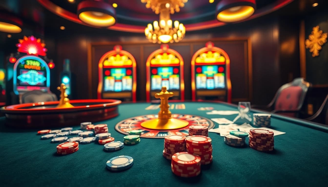 Experience the thrill of high-stakes gaming at KJC with poker chips and roulette excitement.