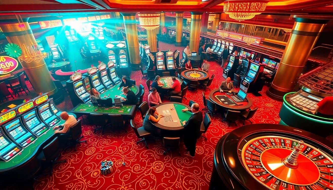 Experience the vibrant casino atmosphere at tr88 com, showcasing poker tables and slot machines.
