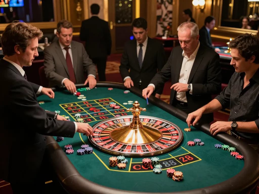 Players engaging in high-stakes roulette at QQ88 casino, showcasing vibrant chips and dynamic atmosphere