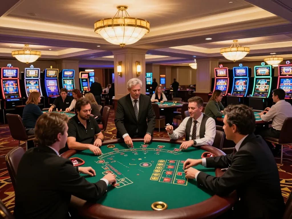 Players at nhacaiuytinn blackjack table celebrating wins in upscale casino environment.