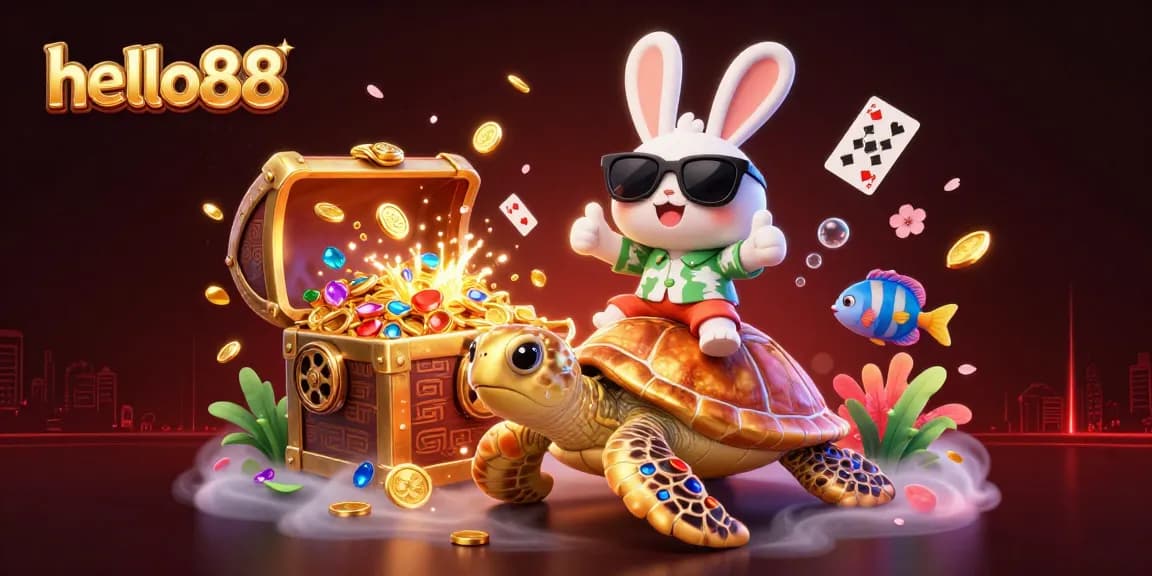Play exciting games at hello88 with a lucky rabbit enjoying a festive underwater casino atmosphere.