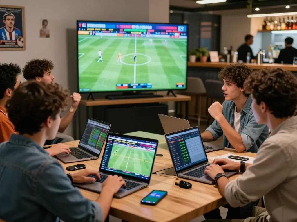 Exciting 1gom betting scene with friends analyzing live football matches