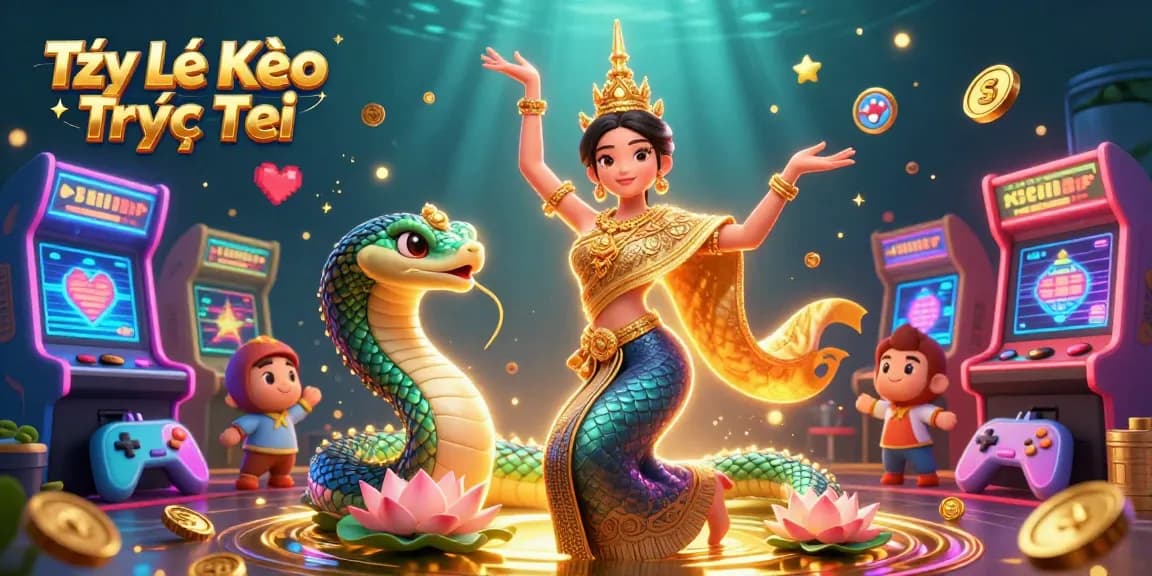 Engage with Tỷ Lệ Kèo Trực Tiếp through this dynamic illustrated scene of a Thai dancer and Naga serpent.