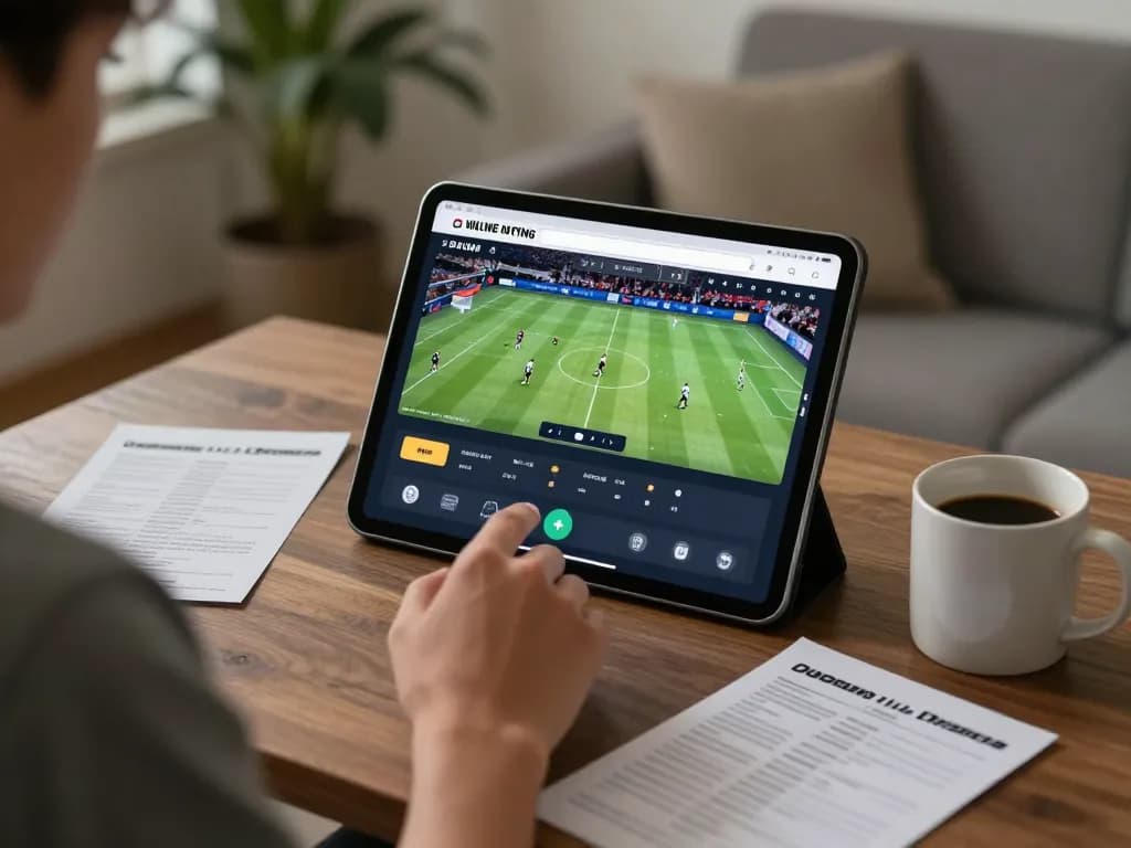 Engaged player strategizing with KUWIN sports betting app on tablet in cozy home setting