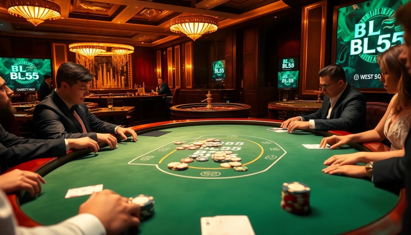 Exciting poker gameplay at BL555 casino with elegant players and vibrant atmosphere.