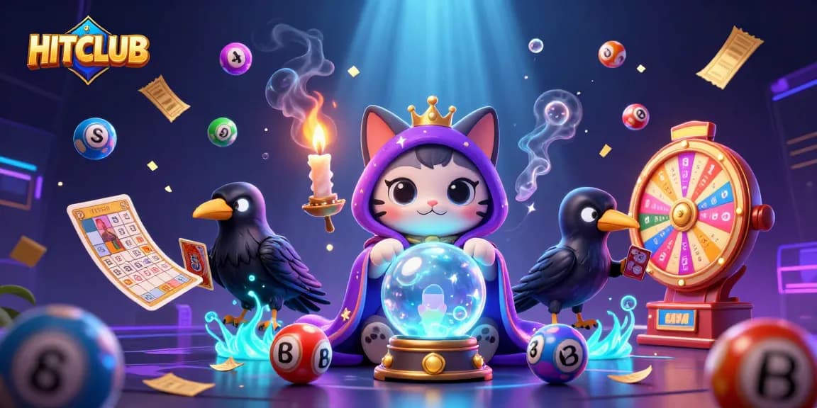 Engage with HITCLUB's vibrant lottery world, featuring a mystical cat and dynamic gaming elements.