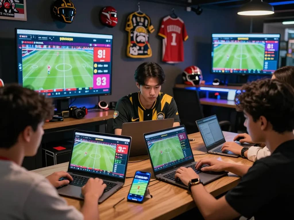 Engaged bettors analyzing tỷ lệ kèo nhà cái 5 in a dynamic sports betting lounge with real-time updates.