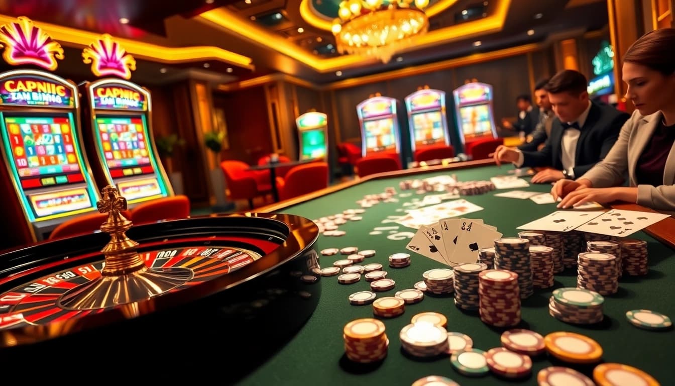 Experience the thrill of gambling at Jun88.now with an elegant casino scene filled with roulette wheels and poker chips.