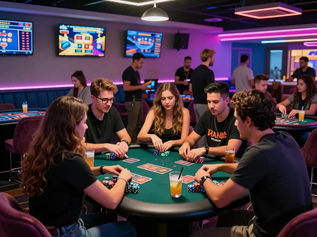 Friends enjoying a lively game in a bomwin gaming lounge filled with colorful chips and neon lights.