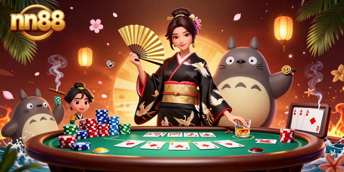 Experience thrilling gameplay at nn88 with a vibrant casino scene featuring poker elements and colorful characters.