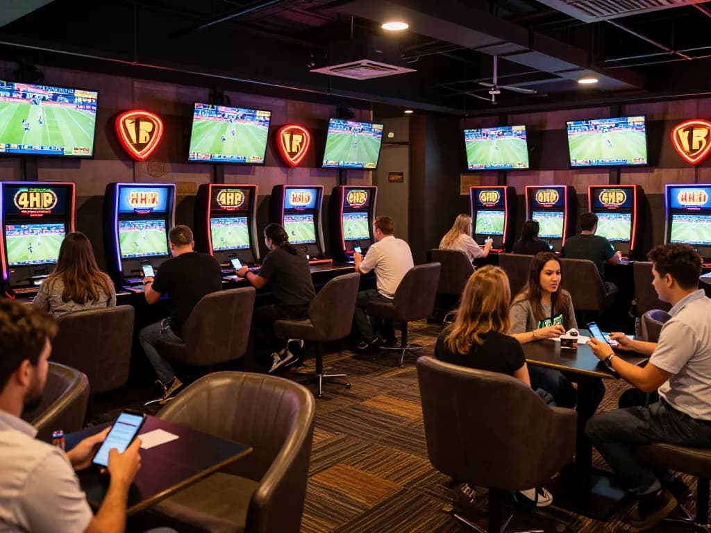 Patrons placing bets at the vibrant sports betting lounge, experiencing man88ink's exciting gaming atmosphere.