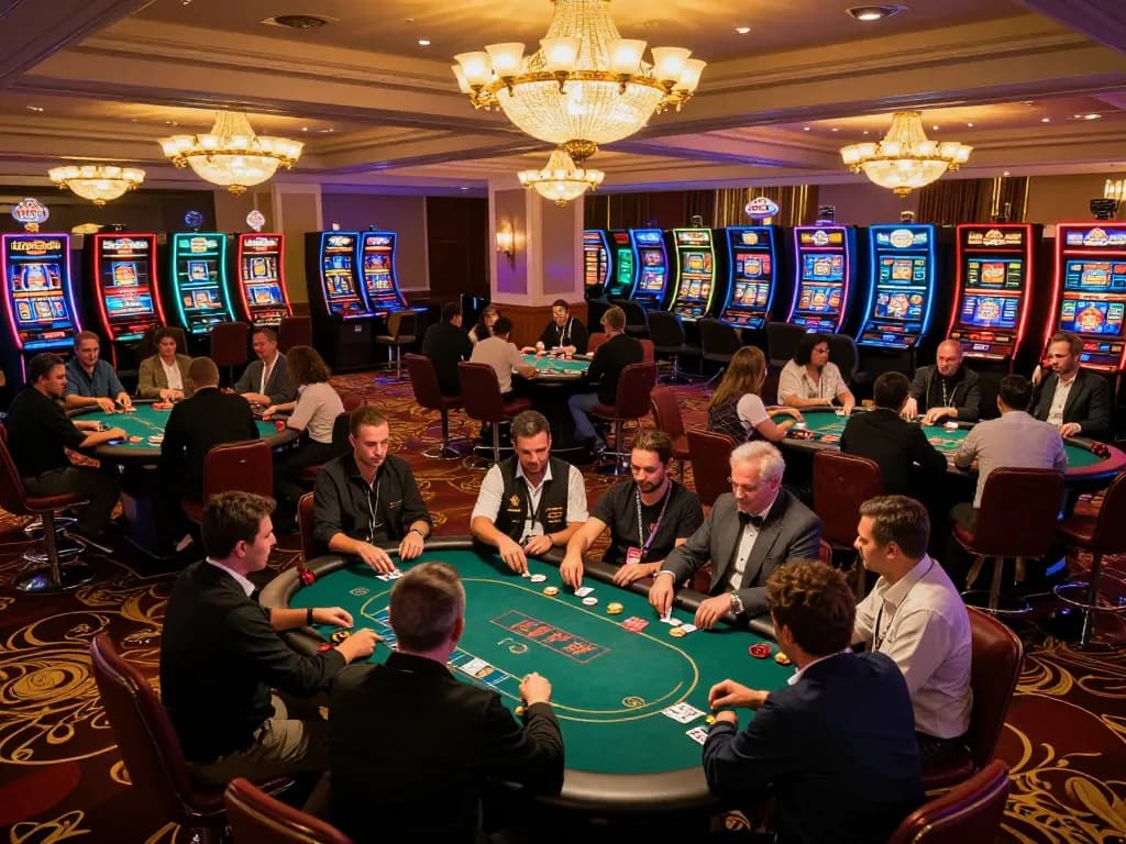 Exciting poker game at upscale casino showcasing Luck8com atmosphere with vibrant players engaged.