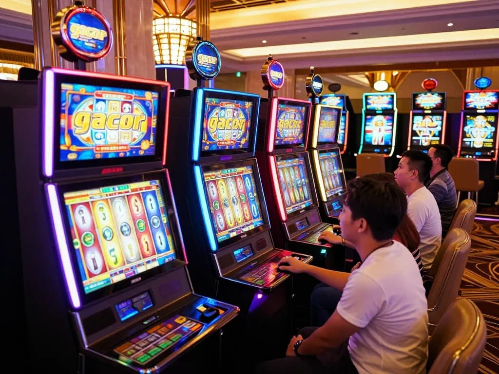 Pemain yang terlibat mengalami slot gacor di area mesin slot kasino mewah yang cerah.