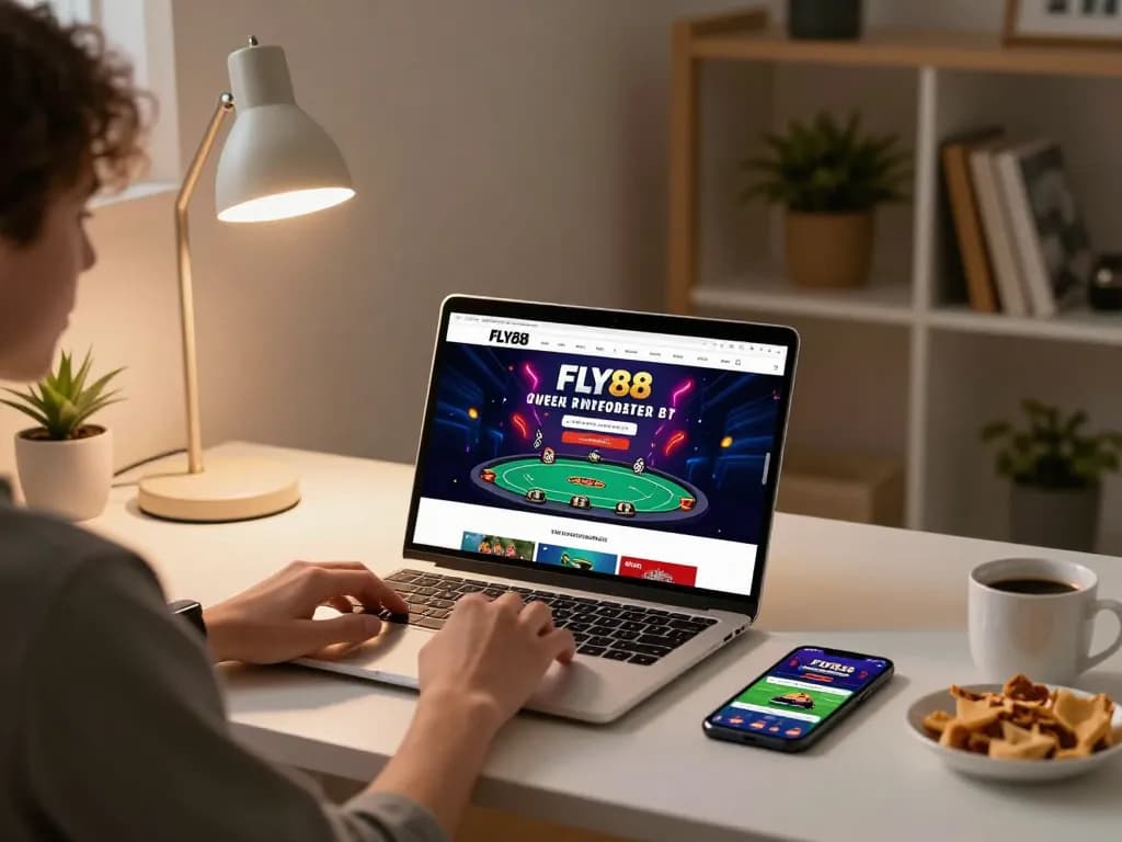 Engaged online gambler navigating FLY88 poker interface on laptop, showcasing strategic gameplay.