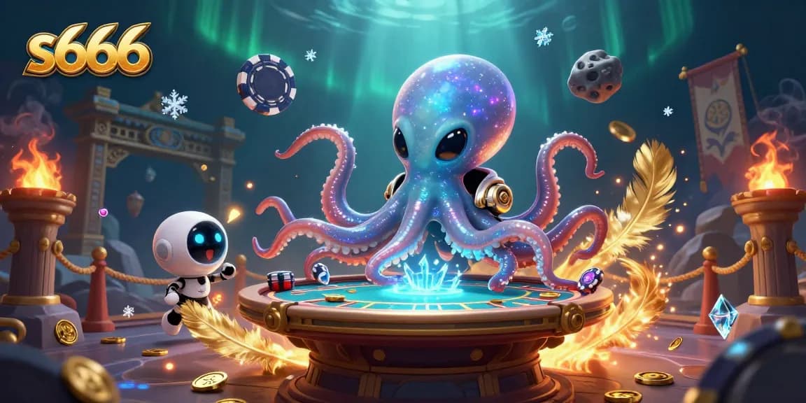 Experience thrilling stakes at s666 with a vibrant alien octopus and poker table in 3D.