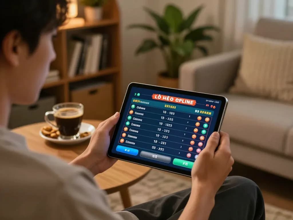 Engaging in lô đề online gaming at home with tablet, cozy atmosphere and strategic focus.
