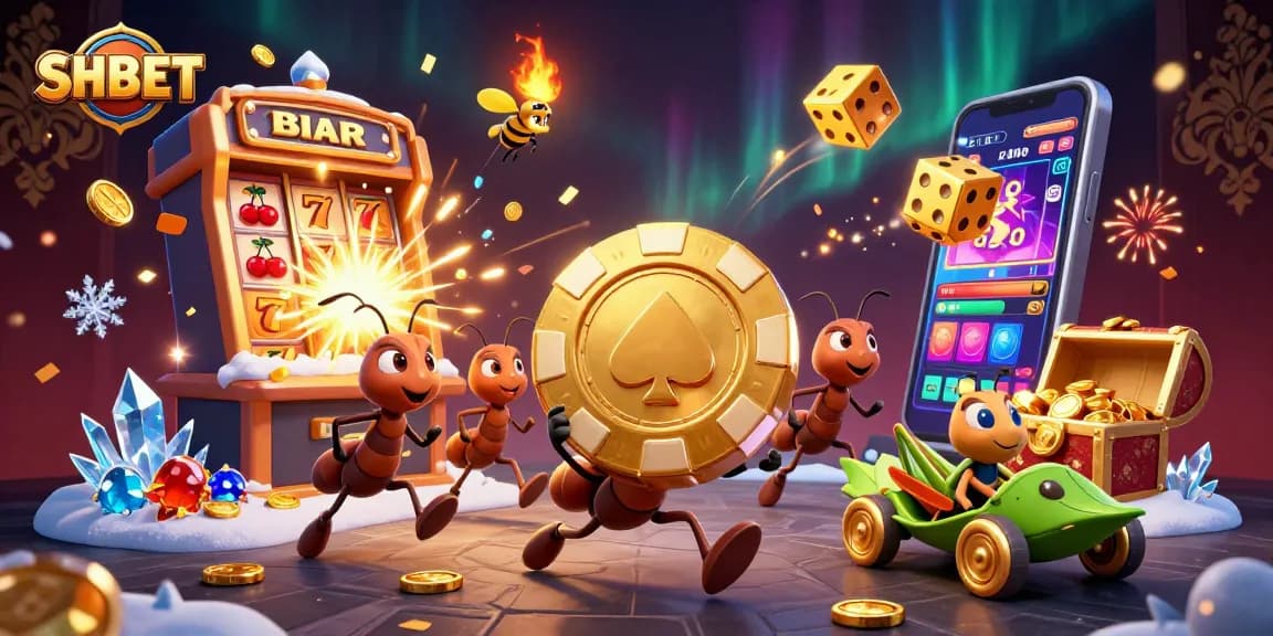 Experience an electrifying jackpot with SHBET as cartoon ants orchestrate their heist in a vibrant casino atmosphere.