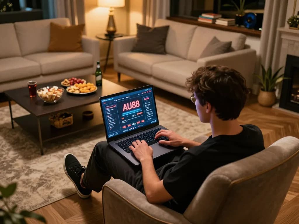 Engaging in online gaming at AU88 nhà cái uy tín with a cozy home setup showcasing laptop and snacks.