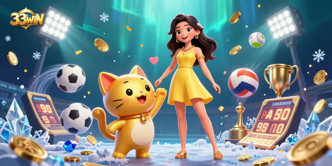 Engage in thrilling gameplay at 33WIN featuring a cheerful woman and a golden lucky cat amidst vibrant sports elements.