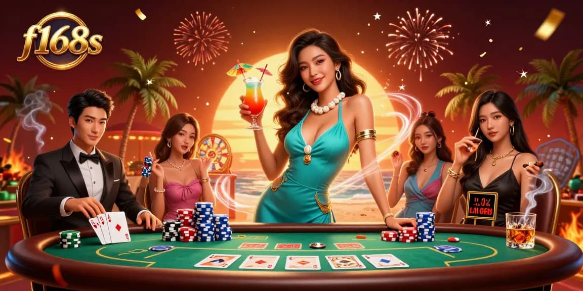 Experience thrilling gameplay with f168s in a vibrant online casino scene filled with poker and festive elements.