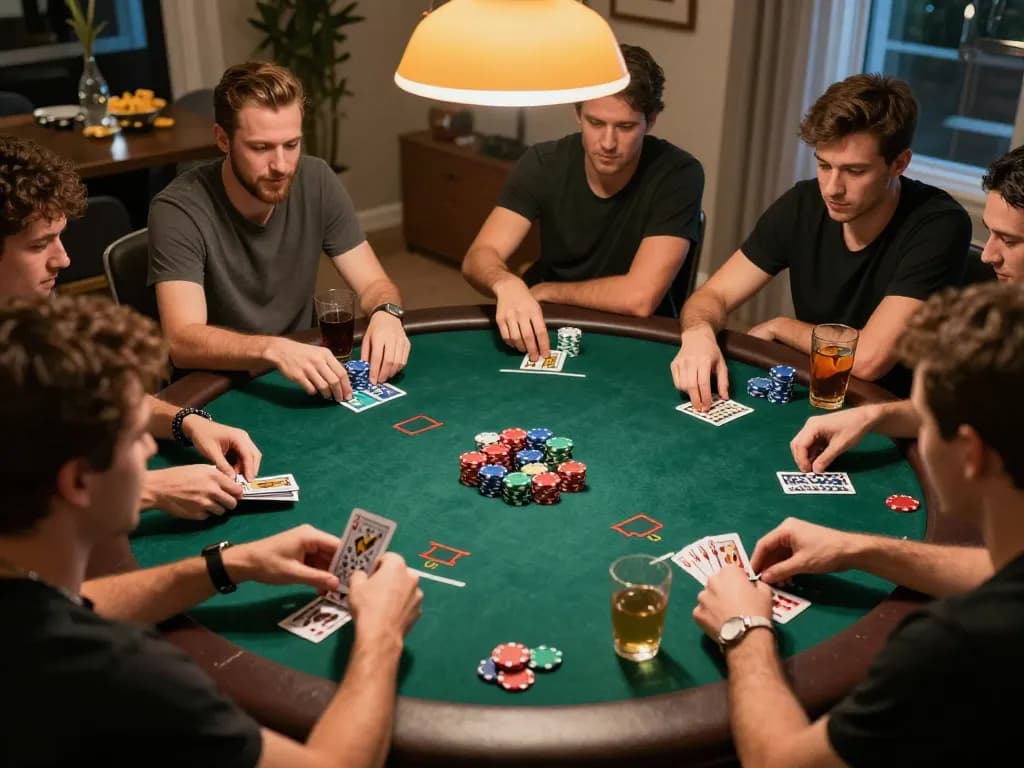 Engaging scene at home poker night with players enjoying Texas Hold'em, showcasing qh88go gaming experience.