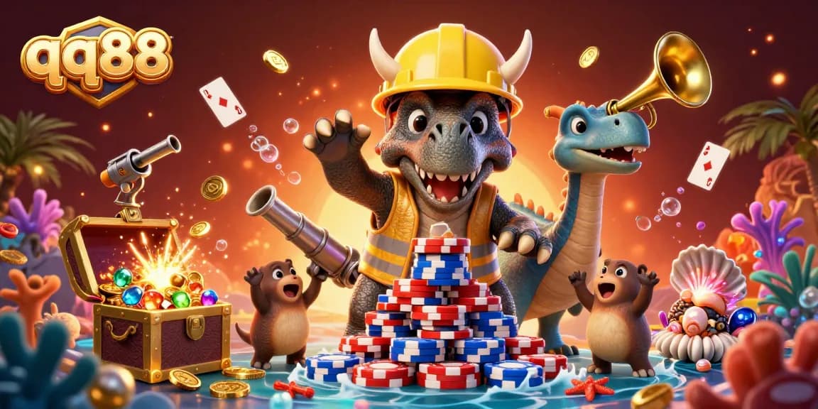 qq88 creates excitement in a vibrant 3D world with animated characters celebrating gambling wins.