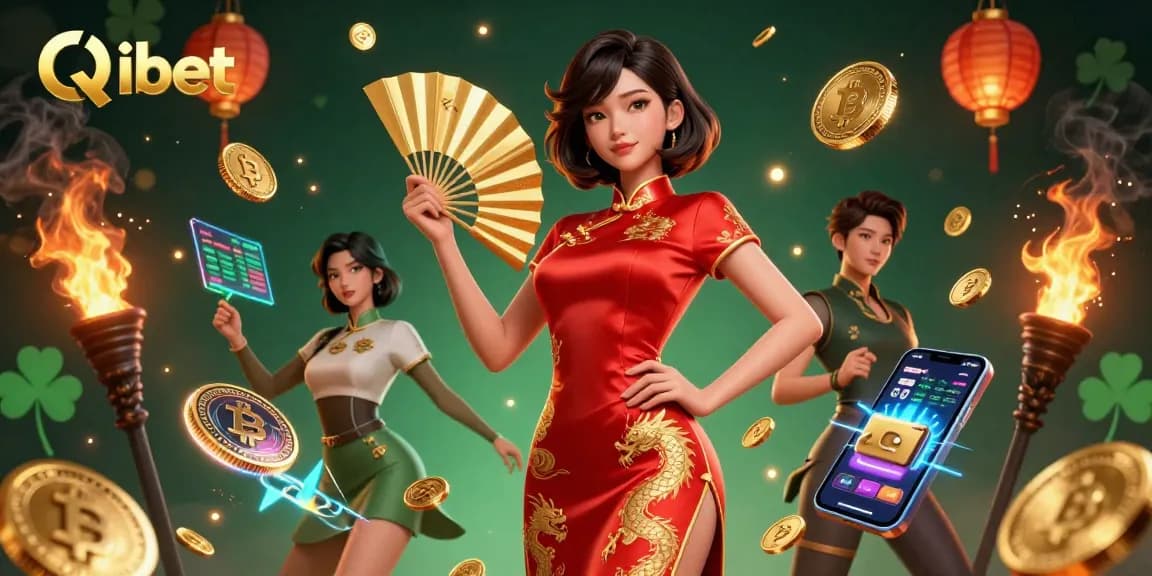 Bet on Qibet's thrilling games, surrounded by a vibrant scene of coins and crypto elements.