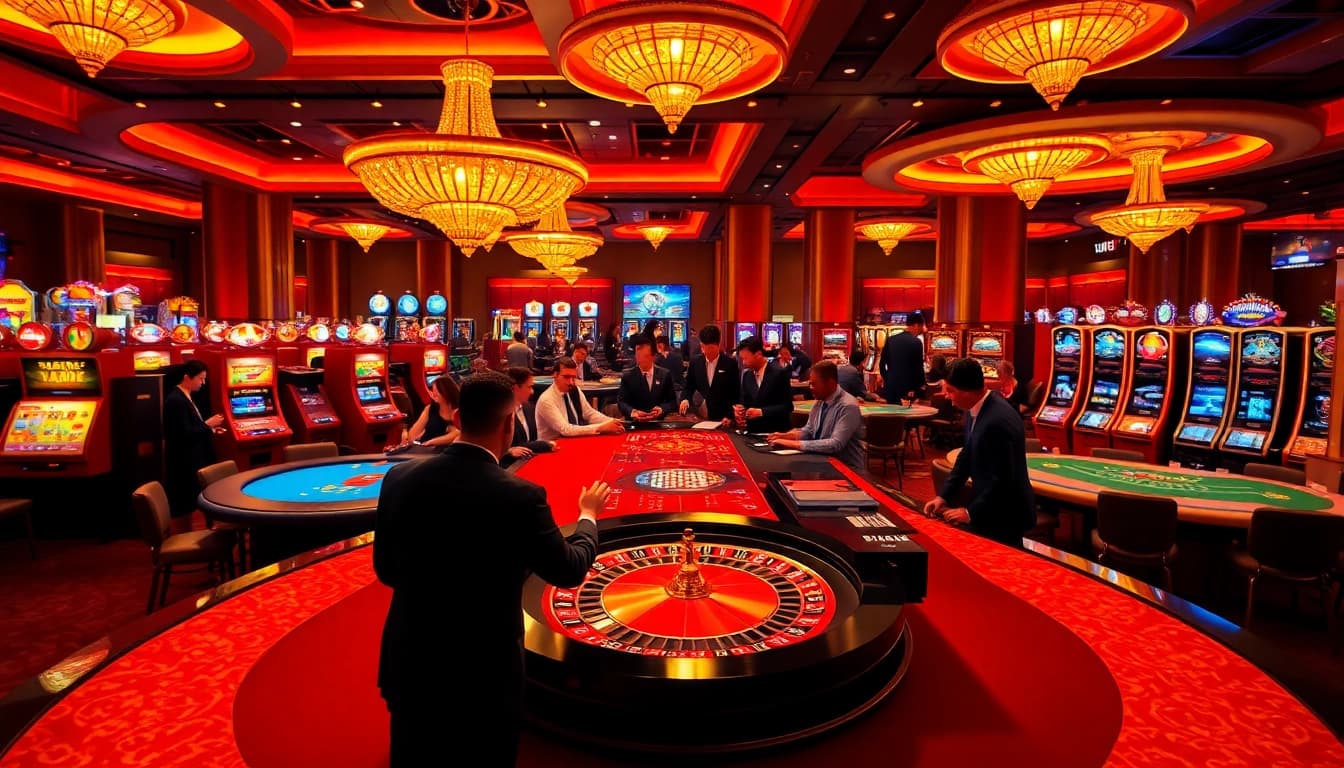 Exciting casino scene showcasing tables and games at hz88mie.com with vibrant colors and professional dealers.