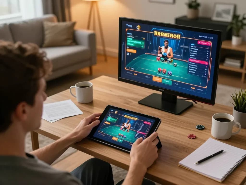 GO8 player focused on online poker game interface from comfortable home setup