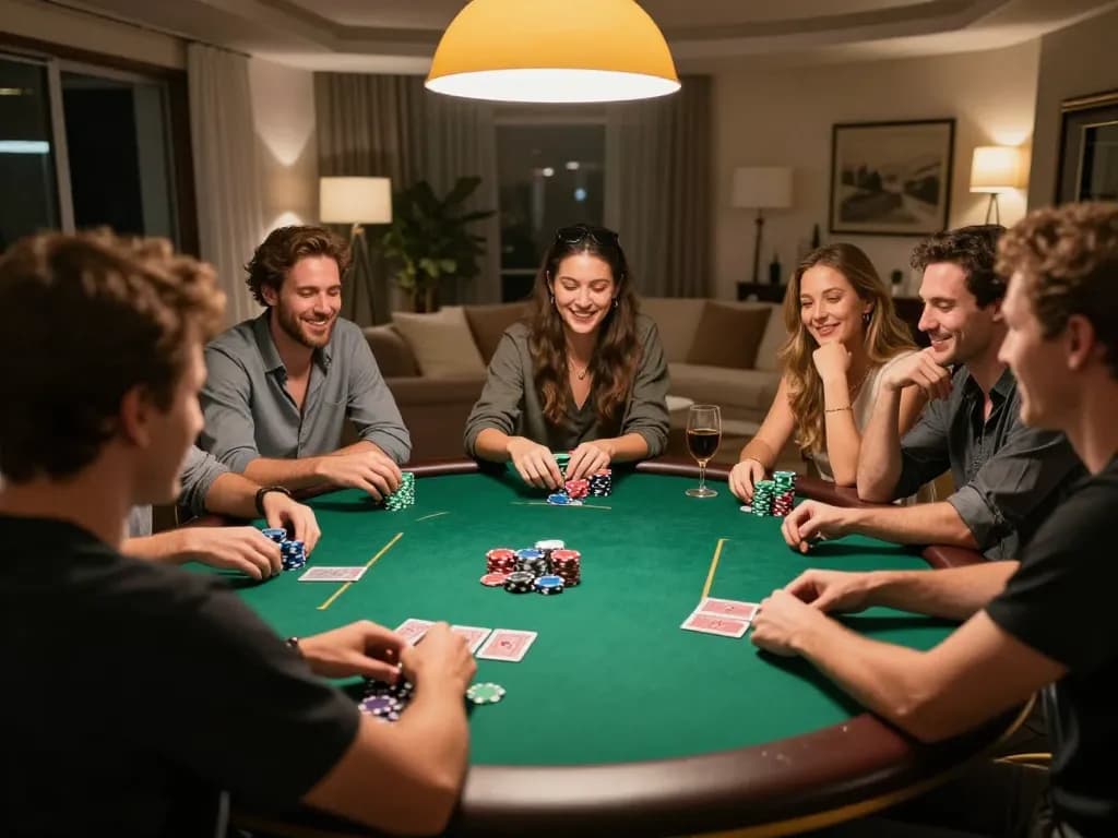Engage with daftar idn poker at a cozy home poker night among friends, showcasing lively gameplay and social interaction.