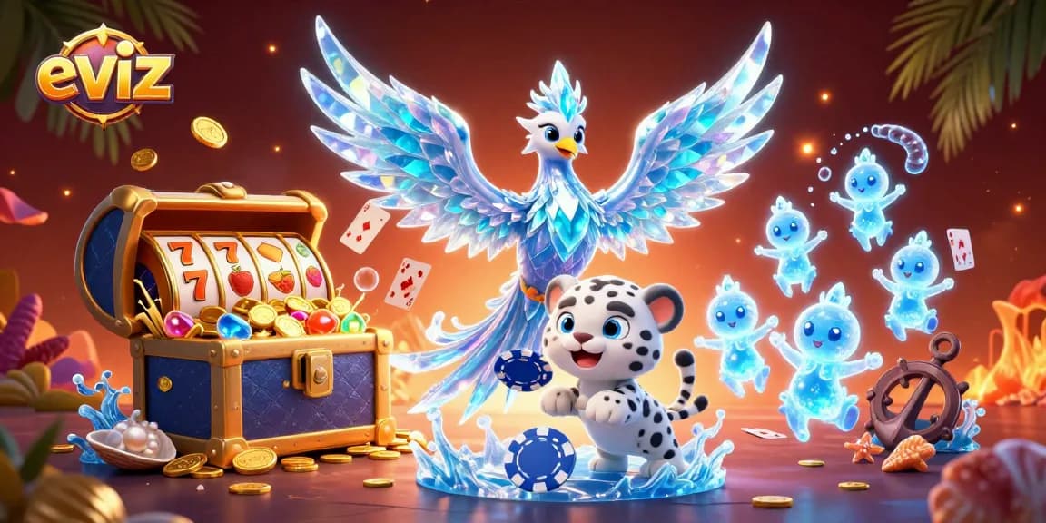 Spin and win at eviz, featuring an ice phoenix and playful snow leopard with casino elements.