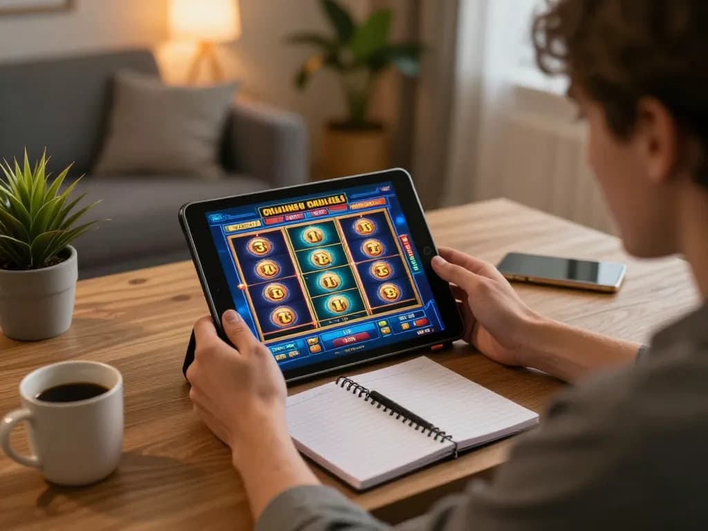 Engaged gamer enjoying online slots on sc88bn tablet in cozy home setup with responsible gambling focus.