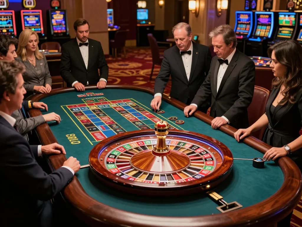 Players enjoying the thrill of roulette at 88คลับ, visualizing the intensity of decision-making and strategy in a vibrant casino.