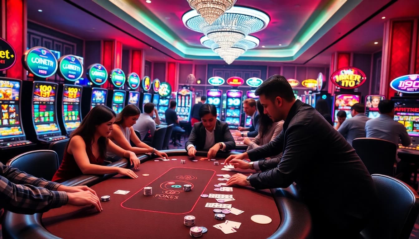 gamblers enjoying the excitement of i9bet at a lively poker table in a vibrant casino scene
