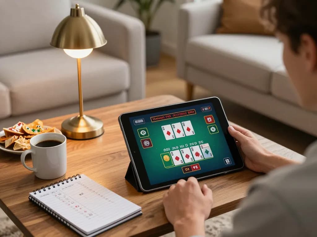 UU88 player engaging in online casino gameplay with live dealer on tablet in a cozy home setting.